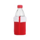 A clear plastic bottle with a red cap sits in a festive red and white bottle holder resembling a Santa Claus outfit, featuring a white trim and seam in the front.