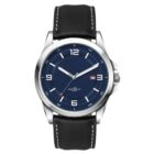 A silver wristwatch with a black leather strap. It features a navy blue dial with white hour markers and hands, a red second hand, and a date display at the 3 oclock position. The watch has a classic and elegant design.