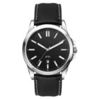 A black leather strap wristwatch with a silver round case. The black dial has silver hour markers and hands, with a date display at the 6 oclock position. The watch features a simple, classic design.