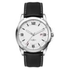 A silver wristwatch with a white face, black Arabic numerals, red second hand, and date display at 3 oclock. It has a black leather strap with white stitching.