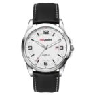 A silver wristwatch with a white face, black numerals, and a black leather strap. The brand name netpoint is written on the dial. There is a date window at 3 oclock.