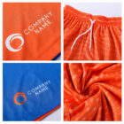 Close-up of sports clothing featuring two images of logos with Company Name in white on blue and orange backgrounds. Adjacent images show orange shorts with a drawstring and a swirling fabric pattern with small white dots.