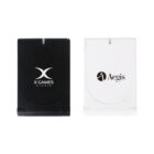 Two portable black and white phone stands are displayed side by side on a white background. The black stand has X Games Studio printed in white, while the white stand reads Aegis in black. Both stands are in a folded position.
