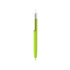 A lime green ballpoint pen with a white clip and retractable button, isolated on a white background.