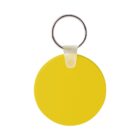 A round yellow keychain with a silver metal ring is attached at the top. The keychain is plain and smooth, with a glossy finish, set against a plain white background.
