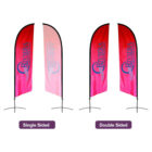 Illustration of two red vertical feather flags with RIVIERA branding in blue. The left flag is labeled Single Sided and shows text on one side. The right flag is Double Sided with text visible on both sides. Both flags have black poles and bases.