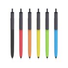 Six ballpoint pens are lined up vertically against a white background. The pens have black tips and clips, with barrels in black, red, orange, yellow, green, and blue.