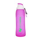 Pink reusable water bottle with a white lid, purple spout, and a carabiner clip.