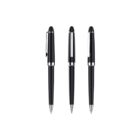 Three black and silver ballpoint pens are shown vertically on a white background, each at a slightly different angle, highlighting the clip and top details.