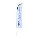 A vertical banner with a blue and white background reads BEST LEADER FINANCIAL GROUP alongside a stylized logo. The banner is attached to a pole and has a black edge along the curved top.