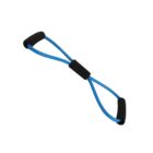 Blue figure-eight resistance band with black foam handles on each end, designed for stretching and exercising.