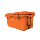 Orange insulated cooler with black handles and latches. It features a logo with three waves and the word miracle. The lid is closed, and the design suggests durability and outdoor use.