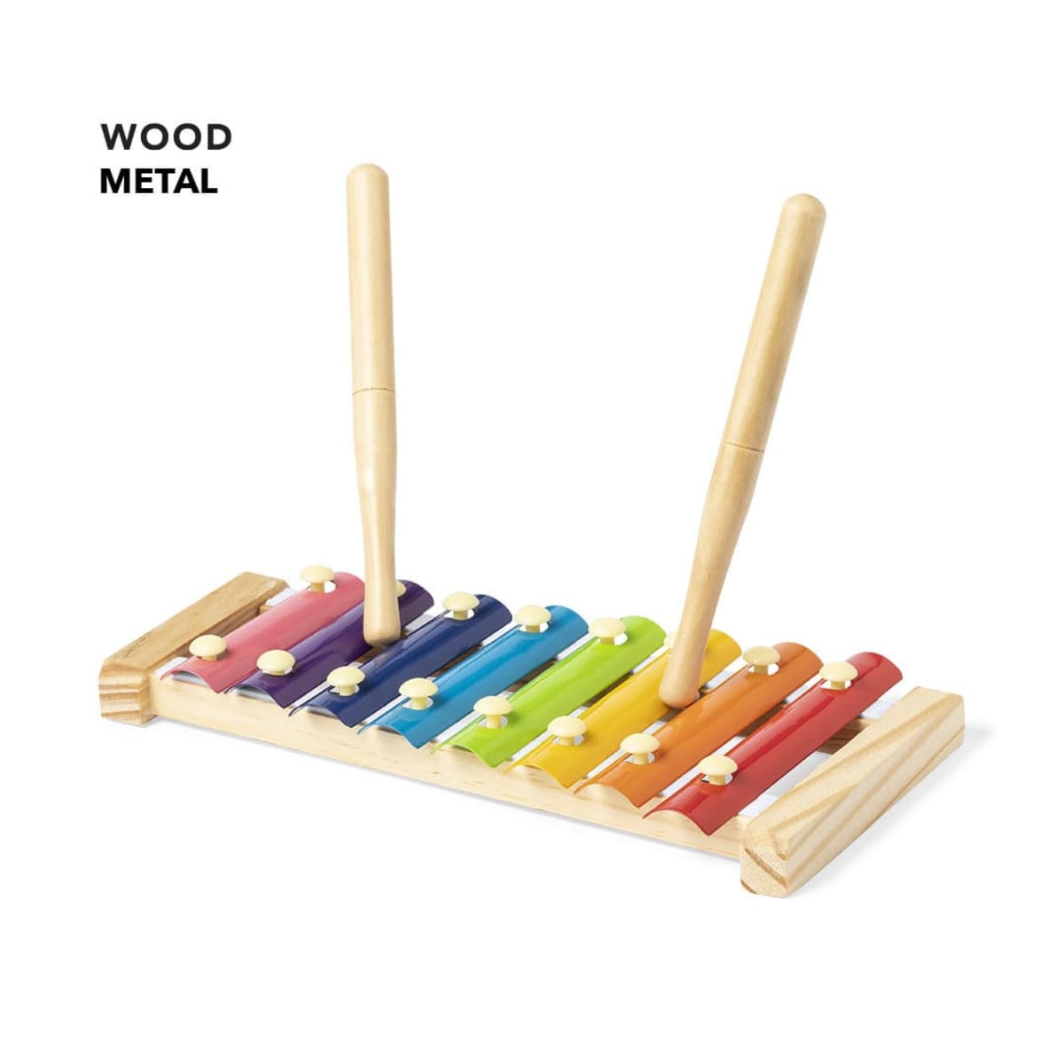 A colorful xylophone with eight metal bars in rainbow colors, set on a wooden frame. Two wooden mallets are placed on top. The words WOOD and METAL are written in black text on the white background.