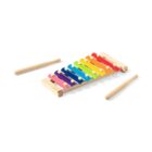 A colorful xylophone with eight rainbow-colored bars arranged in a descending pattern on wooden bases. Two wooden mallets lie diagonally on either side of the xylophone.