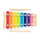 A colorful xylophone with eight rainbow-colored keys arranged from red to pink, accompanied by two wooden mallets, is shown against a white background.