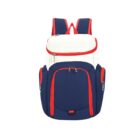 A navy blue backpack with front and side pockets, accented by red zippers and straps. The top section is white, containing a zippered compartment. The design appears modern and functional.