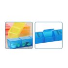 Two images feature colorful pill organizers. The left shows a yellow box with open compartments, while the right shows a blue container labeled with Sat Night and Sat Morn compartments.