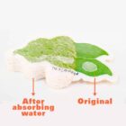 A sponge shaped like green leaves. The left side, labeled After absorbing water, is expanded and textured. The right side, labeled Original, is flat and dry.