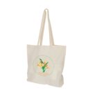 A white tote bag with long straps features a colorful design of tulips and text reading Flowers Common Tulips arranged in a circular pattern.
