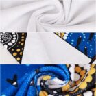 A collage of three textile images: the top shows a white fabric swirl, the middle features fabric with black, yellow, and white patterns, and the bottom displays a blue fabric with black and yellow designs in a twisted shape.