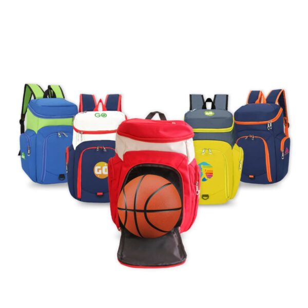 Five colorful backpacks arranged in a row, featuring different designs. The central red backpack has a basketball in a mesh pocket on the front, while the others in blue, green, yellow, and orange are in the background.