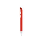 A red ballpoint pen with a sleek design, featuring a silver tip and a pocket clip. The pen is oriented vertically against a plain white background.