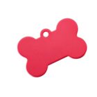 Red dog bone-shaped tag with a small hole at the top for attaching to a collar.