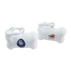 Two white, bone-shaped dispensers with rings for attachment. One side features an arrow symbol, while the other shows a logo with an orange dog silhouette and the text whisker and a website URL.