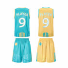 Four basketball uniforms are shown: two sets. The first set is blue with yellow trim, and PLAYER and 9 on the jersey. The second set is yellow with blue trim, also with PLAYER and 9 on the jersey. Each set includes matching shorts.