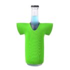 A clear glass bottle with a black cap is wrapped in a bright green neoprene sleeve shaped like a T-shirt, leaving the bottle neck and cap exposed.