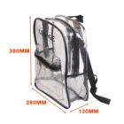 Clear backpack with black trim and pockets, labeled LESAGE, with dimensions shown.