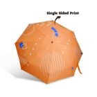 Orange umbrella with abstract geometric patterns in white and blue, featuring circles, squares, lines, and arrows. Text on the image reads Single Sided Print. The umbrella is open and angled slightly.