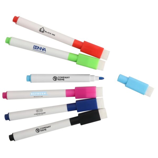 Six colorful whiteboard markers with erasers attached to their caps.