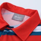 A close-up of a red collared shirt with blue and white horizontal stripes. The label inside reads Company Name, L, Made in China. The shirt is buttoned at the collar and neatly presented on a white background.
