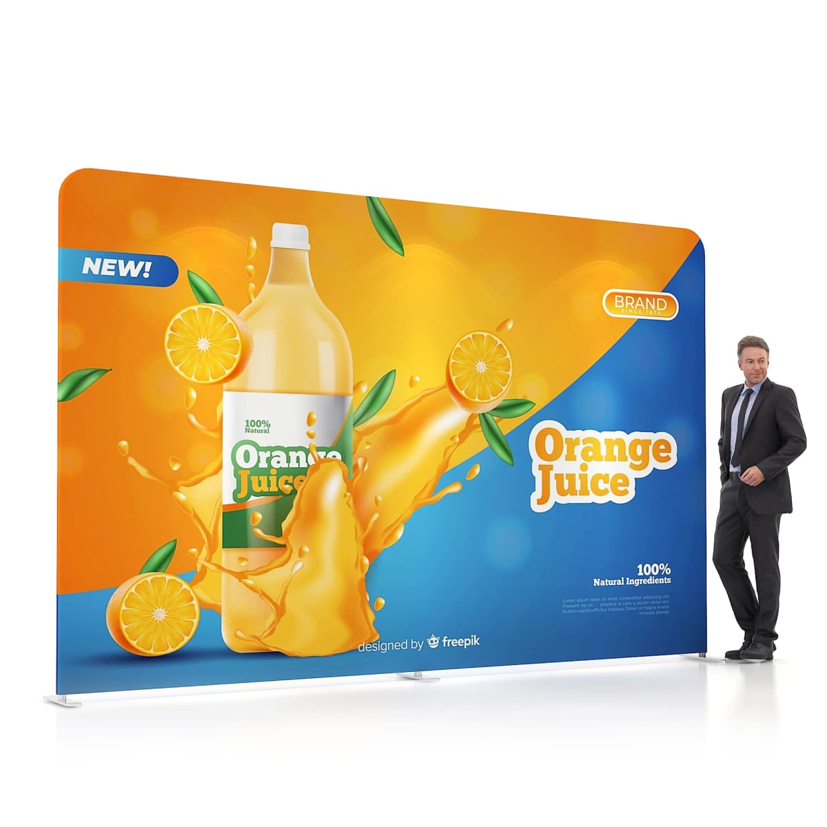 A large advertising banner displays a bottle of orange juice with splashes and sliced oranges. A man in a suit stands next to it, smiling. The banner showcases vibrant orange and blue colors, emphasizing the freshness and natural ingredients of the juice.