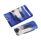 Two blue towels featuring a soccer ball design, one folded squarely and the other rolled.