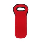 Red neoprene wine bottle tote bag with a black handle. The bag is designed to hold a single bottle and features a soft, insulated fabric to protect the contents.