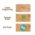 Three wooden surfaces display different printing techniques: The top shows laser engraving with a cursive text, the middle presents screen printing featuring a green logo and YOURTEXT, and the bottom shows UV printing with a globe design and GO.