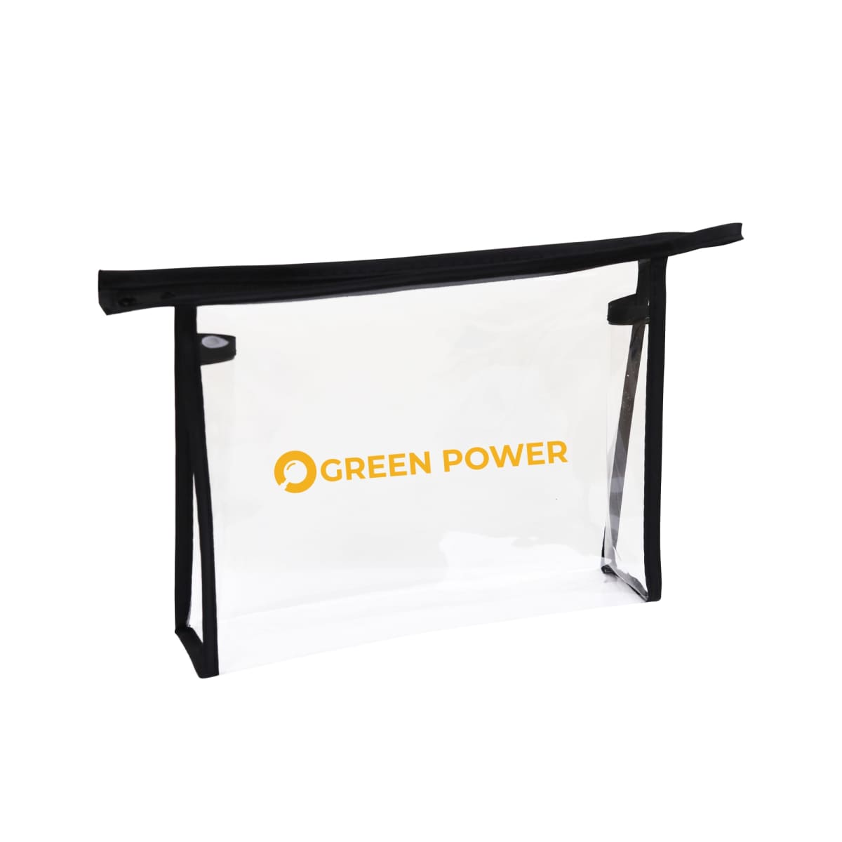 Clear plastic pouch with a black zipper and black edges. The front features the text GREEN POWER in yellow, accompanied by a yellow circular logo.
