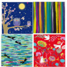 Four colorful squares: Top left has owls on a cherry blossom tree under a starry sky; top right displays vibrant vertical stripes; bottom left shows dragonflies over a rippling pond; bottom right features cats, birds, and flowers on a red background.