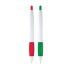Two white retractable pens, one with a red grip and button, the other with a green grip and button, are standing upright against a plain white background.