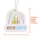 A white, eco-friendly hanging tag with the ecocare logo featuring green, orange, and blue human figures under leaf shapes. The tag size is customizable within 11x7 cm, as indicated by orange measurement lines on the right.