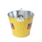 Yellow metal bucket with a shiny, silver interior and a bottle opener on the handle. It features the letters LA and ME in bold black and red.