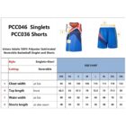 Size chart for PCC046 Singlets and PCC036 Shorts. Descriptions include measurements for chest width, top length, waist width, and shorts length in sizes 2XS to 3XL. Text and product images are also displayed.