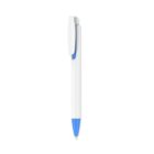 A white and blue plastic pen with a retractable mechanism, featuring a white clip and blue tip, isolated on a white background.