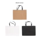 Three shopping bags with handles are displayed: a brown bag at the top, a white bag on the lower left, and a black bag on the lower right. Each bag features stock colors, with Stock Colour text above them.