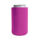 A silver beverage can with a bright pink neoprene sleeve covering most of it, set against a plain white background.
