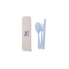 A reusable cutlery set with a spoon, fork, chopsticks, and a case. The utensils are light blue, and the case is white with a purple logo and text on its lid.