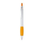 A silver and orange retractable ballpoint pen with an orange grip and push button.