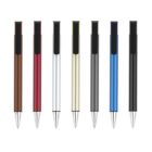 Seven ballpoint pens aligned vertically in a row. The pens have metal clips and come in different colors: brown, red, silver, gold, black, blue, and another black pen on the far right.